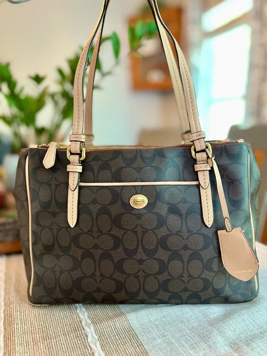 🤎Coach Signature Brown Canvas Tote Tan Leather Trim Shoulder Bag Zip Top - Picture 2 of 16